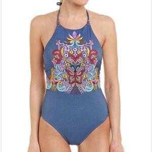 Nanette Lepore Dazed Denim Goddess Embroidered One Piece Swimsuit Size Small